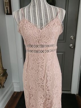 Storia Blush Pink Lace Midi Dress with Spaghetti Straps